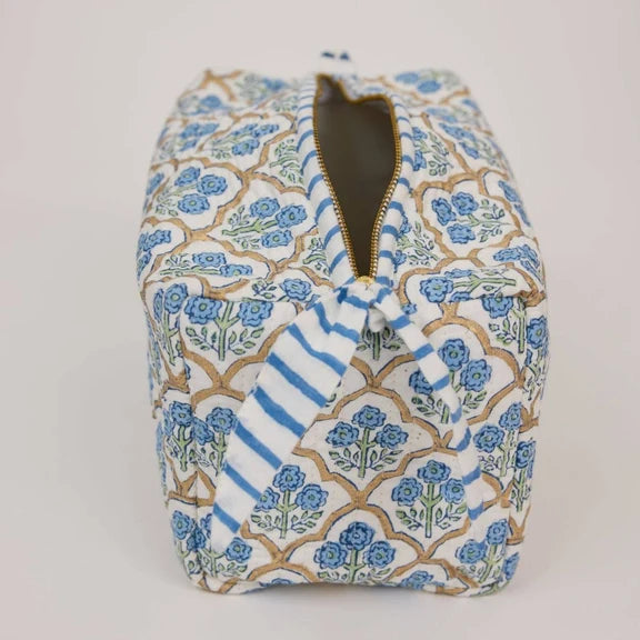 Paper Mirchi - Organic Cotton Block Printed Wash Bag - Blue Trellis, Large