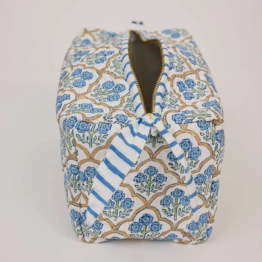 Paper Mirchi - Organic Cotton Block Printed Wash Bag - Blue Trellis, Large