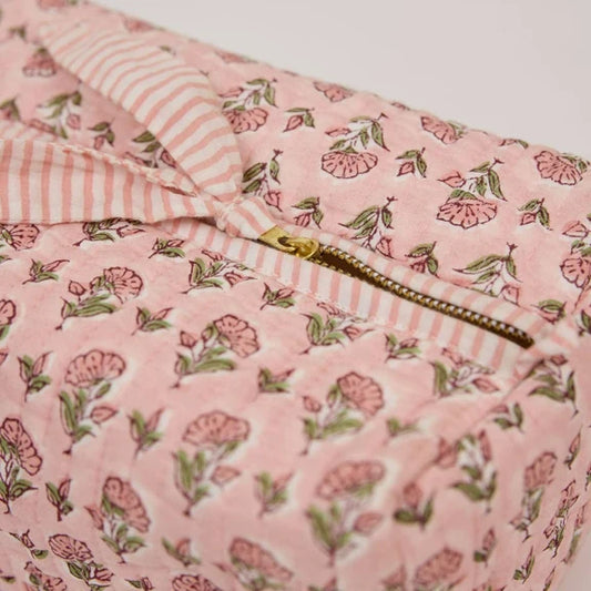Paper Mirchi - Organic Cotton Block Printed Wash Bag - Pink Floral, Large