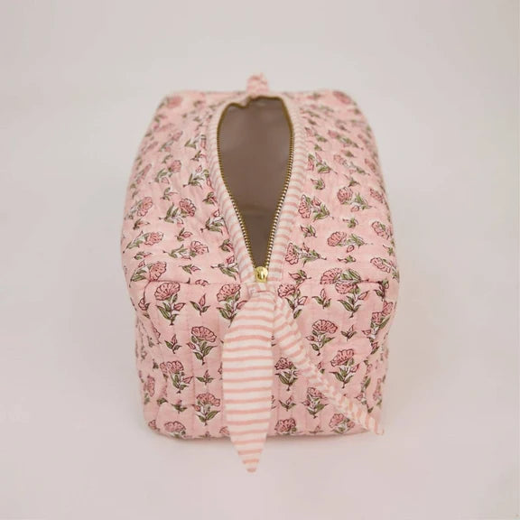 Paper Mirchi - Organic Cotton Block Printed Wash Bag - Pink Floral, Large