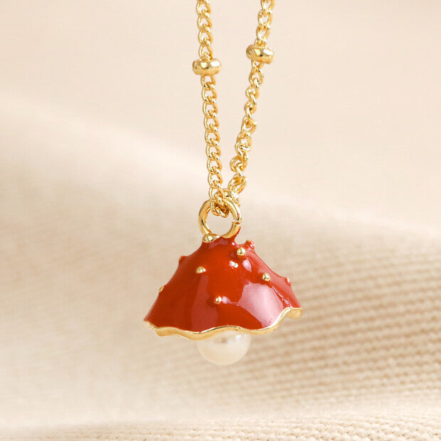 Lisa Angel Pearl & Enamel Toadstool Gold Necklace