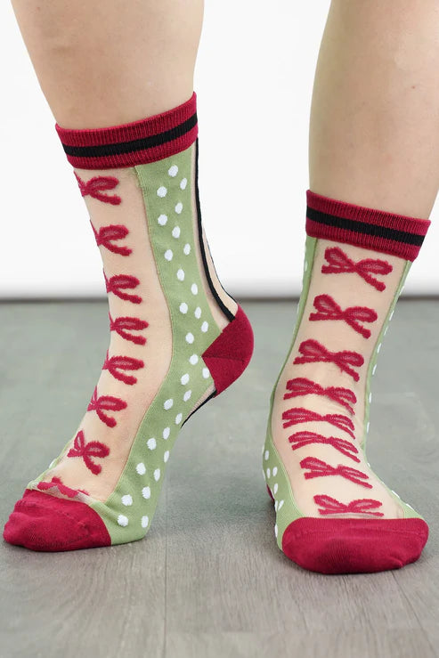 Sock Talk Women's Sheer Ankle Socks- Green/Red, Stripe & Bow