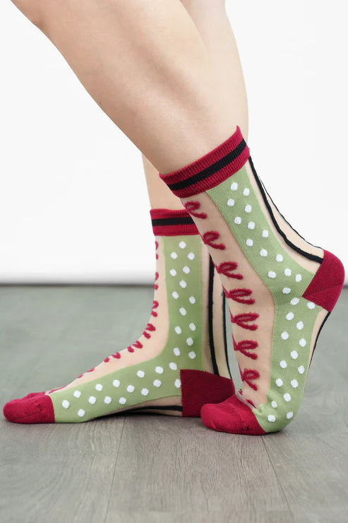Sock Talk Women's Sheer Ankle Socks- Green/Red, Stripe & Bow