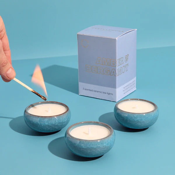 Zesty Lemons - Sky Blue Tea Lights Amber & Bergamot - 3 scented ceramic tea-lights