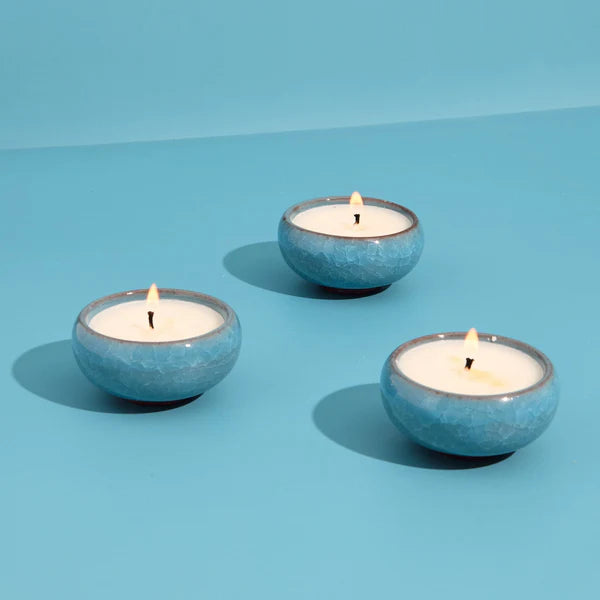 Zesty Lemons - Sky Blue Tea Lights Amber & Bergamot - 3 scented ceramic tea-lights