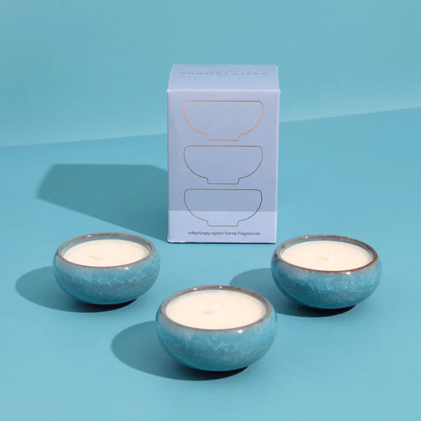 Zesty Lemons - Sky Blue Tea Lights Amber & Bergamot - 3 scented ceramic tea-lights