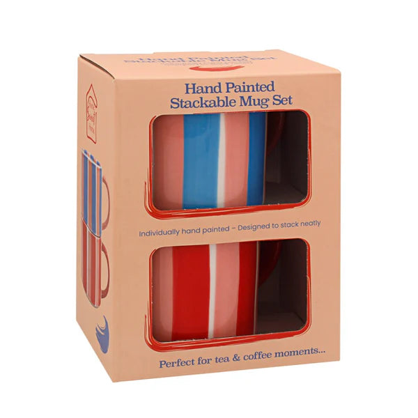 Lesser & Pavey - Stackable Striped Pink, Blue & Red Mugs (Set of 2)