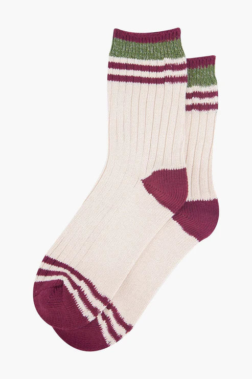 Sock Talk Women's Mid-Calf Socks- Cream/Khaki, Striped Cuff