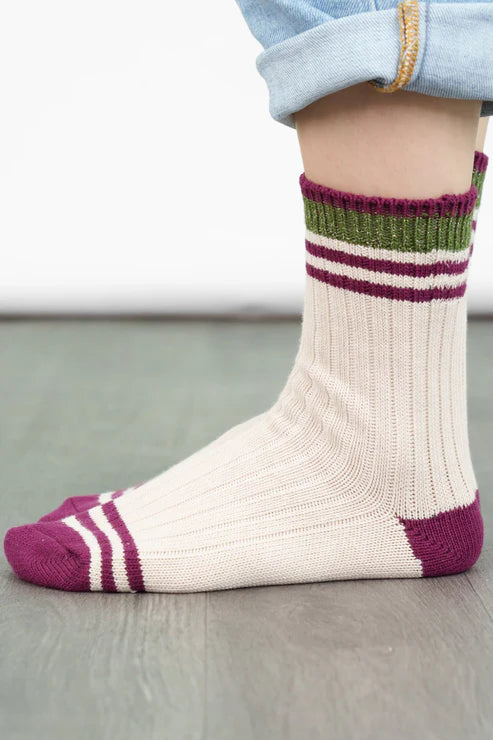 Sock Talk Women's Mid-Calf Socks- Cream/Khaki, Striped Cuff