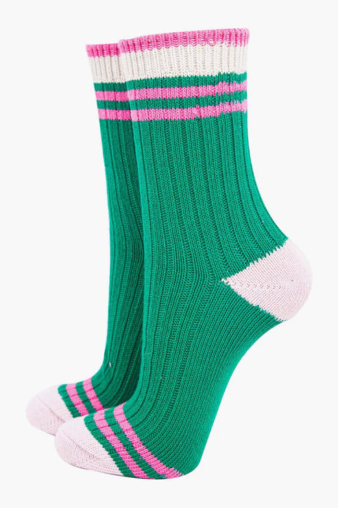 Sock Talk Women's Mid-Calf Socks- Green/Pink, Striped Cuff