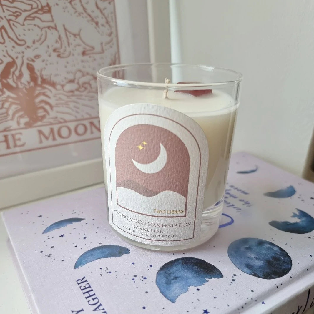 Two Libras Carnelian Waxing Moon Crystal Intention Candle