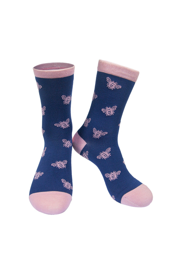 Women's Navy & Pink Bee Print Bamboo Socks