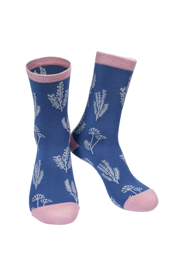 Women's Navy Floral Sprig Print Bamboo Socks