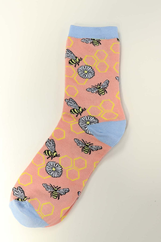 Women's Light Pink Light Blue Bee and Honeycomb Socks