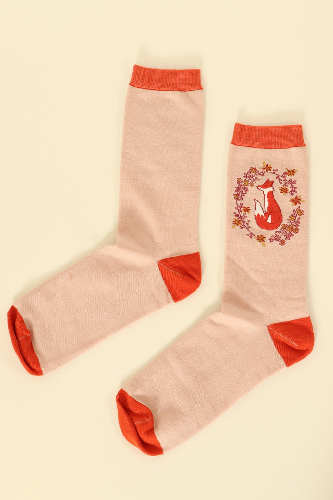 Women's Orange Cream Fox and Garland Print Socks