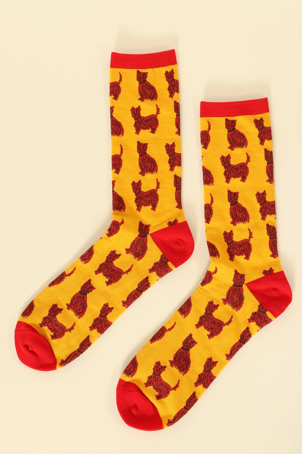 Mens Mustard Red Schnauzer Print Socks