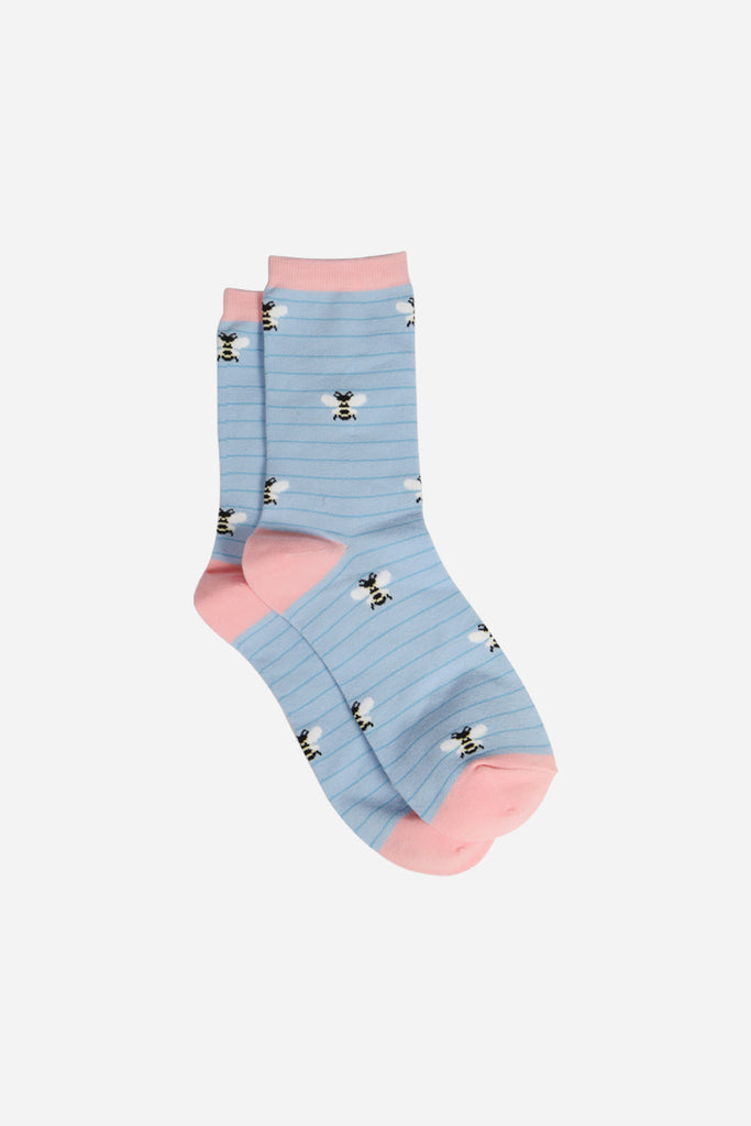 Women's Light Blue stripe & Bee Print Bamboo Socks