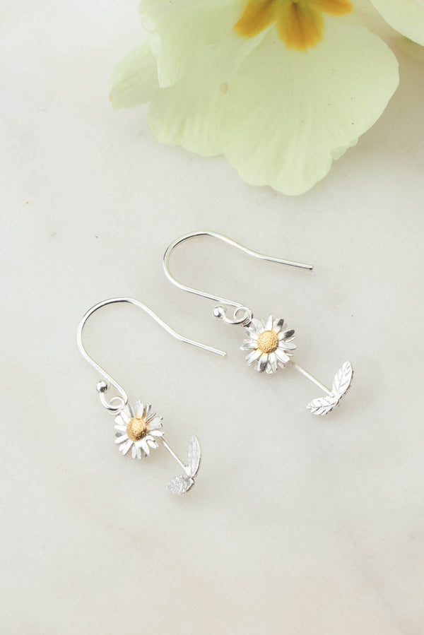 Amanda Coleman Sterling Silver Daisy Earrings - Daisy with Stalk on Hooks