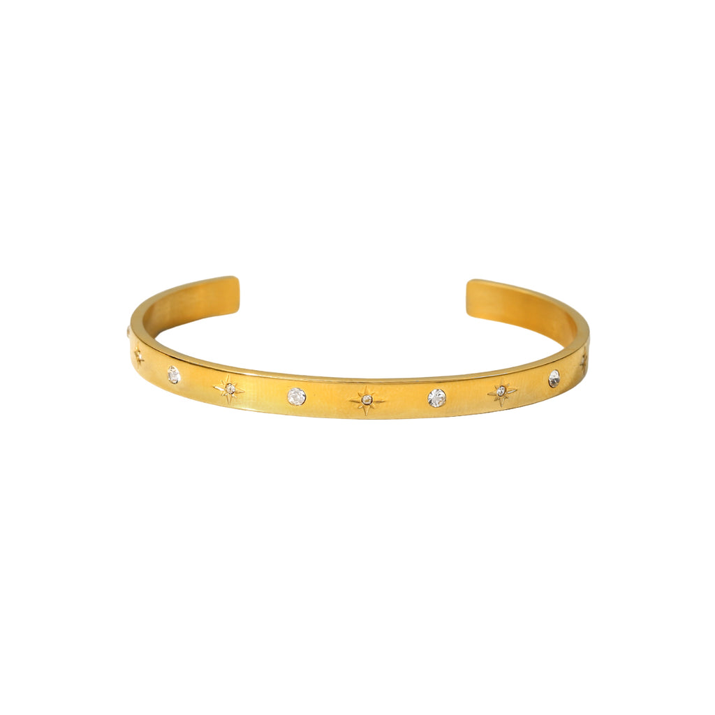 White Leaf Star Stamped Cubic Zirconia Bangle Gold