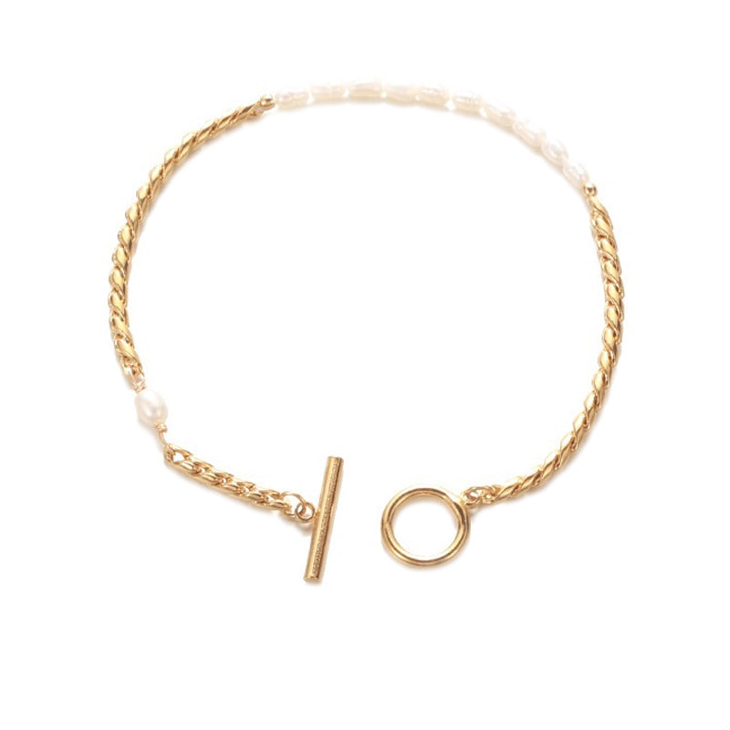 White Leaf Snake Chain & Pearl Hoop Bar Bracelet