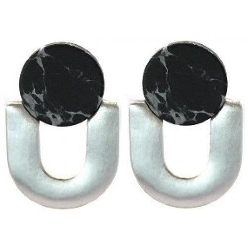 Lark U-Shaped Studs Black Marble - (Silver)