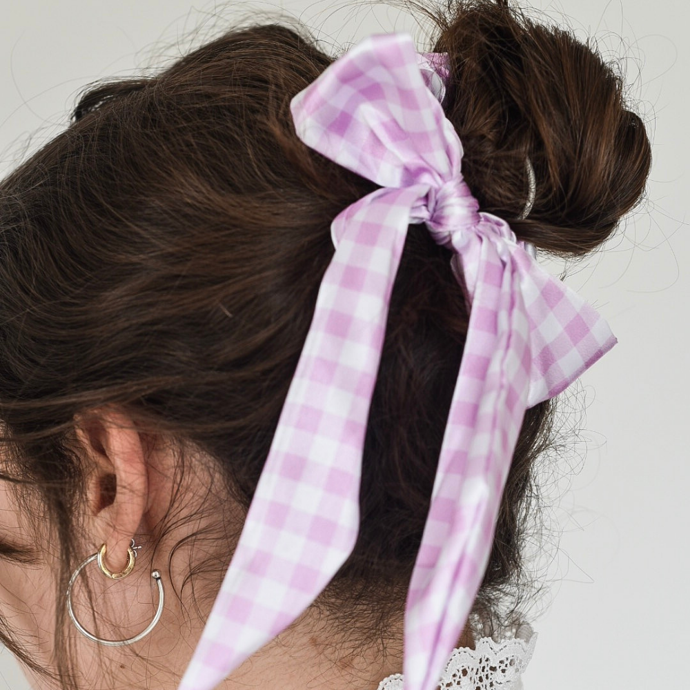 Satin Bow Scrunchie – Lilac Check