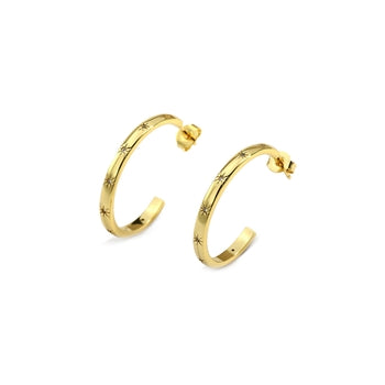 Cubic Zirconia Star Imprint Hoop Earrings 18K  Gold Plate White Leaf