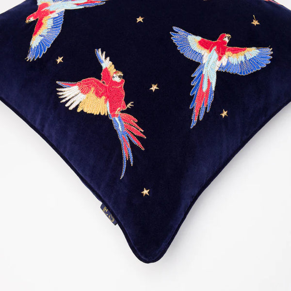 Elizabeth Scarlett Parrot Velvet Navy Cushion