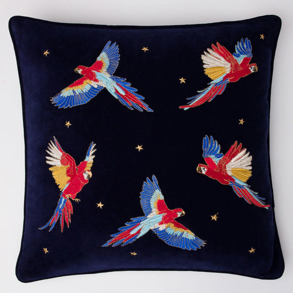 Elizabeth Scarlett Parrot Velvet Navy Cushion