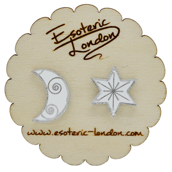 Esoteric London STAR AND MOON MIRRORED STUD EARRINGS