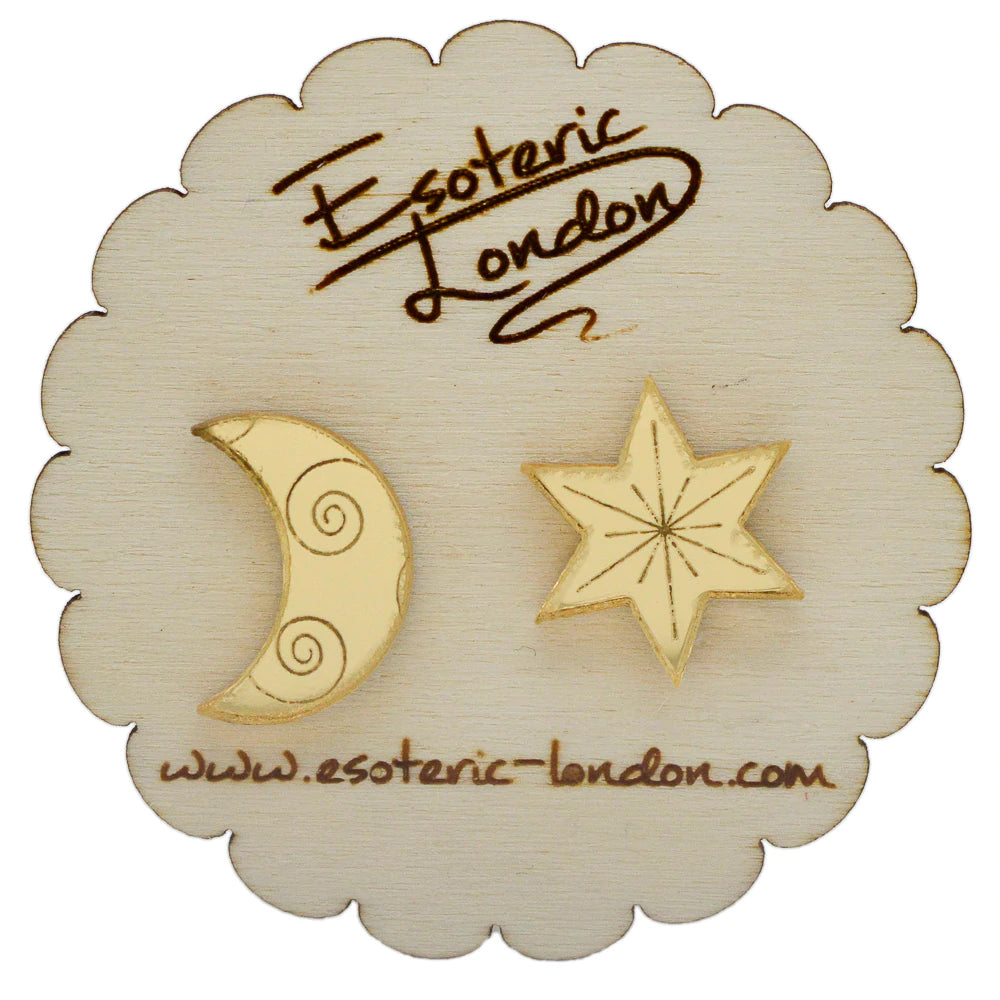 Esoteric London STAR AND MOON MIRRORED STUD EARRINGS