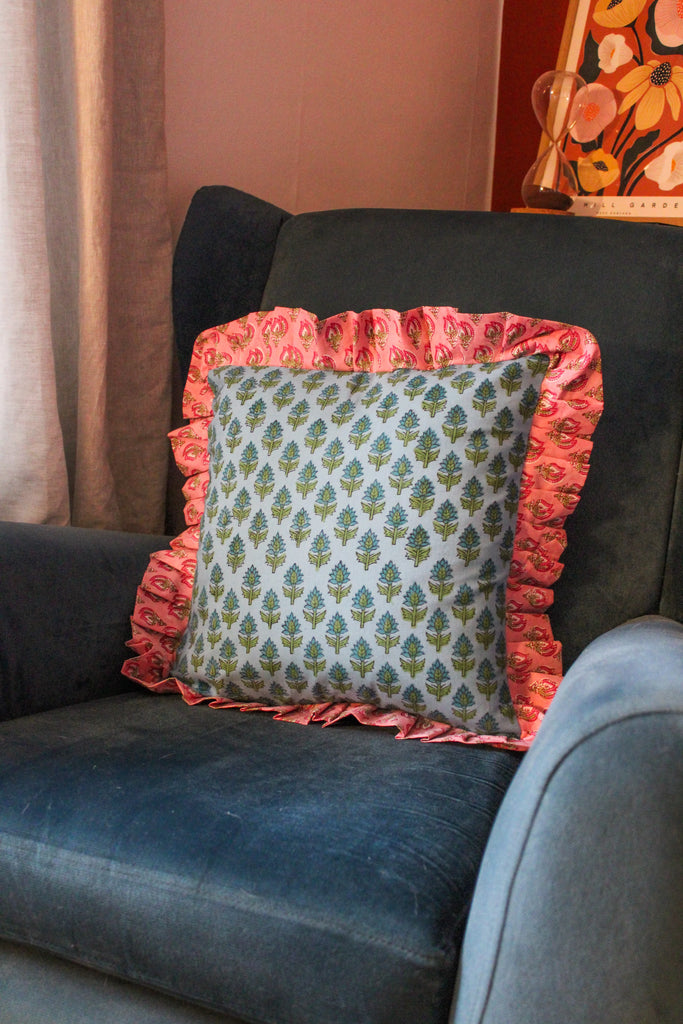 My Doris Blue & Pink Block Print Cushion