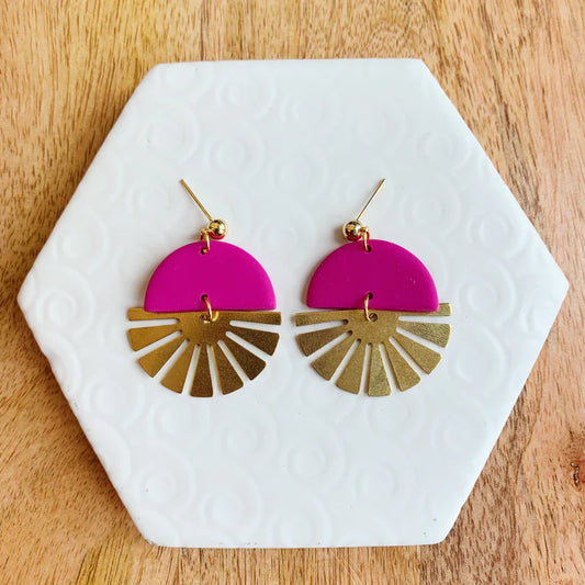 Kismet Klay Indie Pink Brass Half Sun Charm Ball Stud Earring