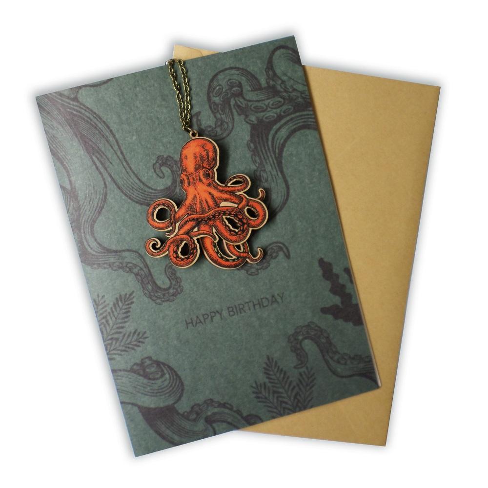 Birthday Card With Handmade Wooden Octopus Necklace
