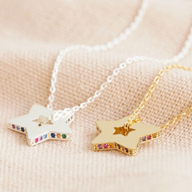 Lisa Angel Rainbow Crystal Edge Star Pendant Necklace in Silver