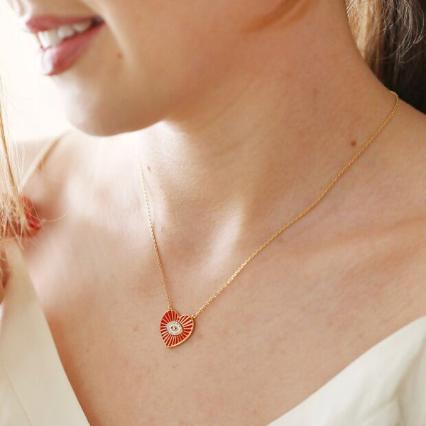 Lisa Angel Red Evil Eye Heart Pendant Necklace Gold